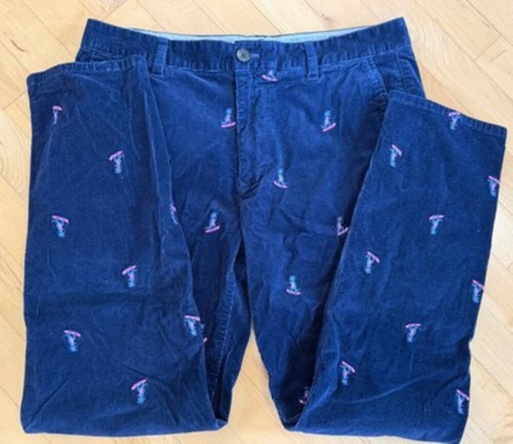 Bonobos Mens 33x30 Navy Blue Corduroy Chino Pants w/ Pink Dinosaur Embroidery